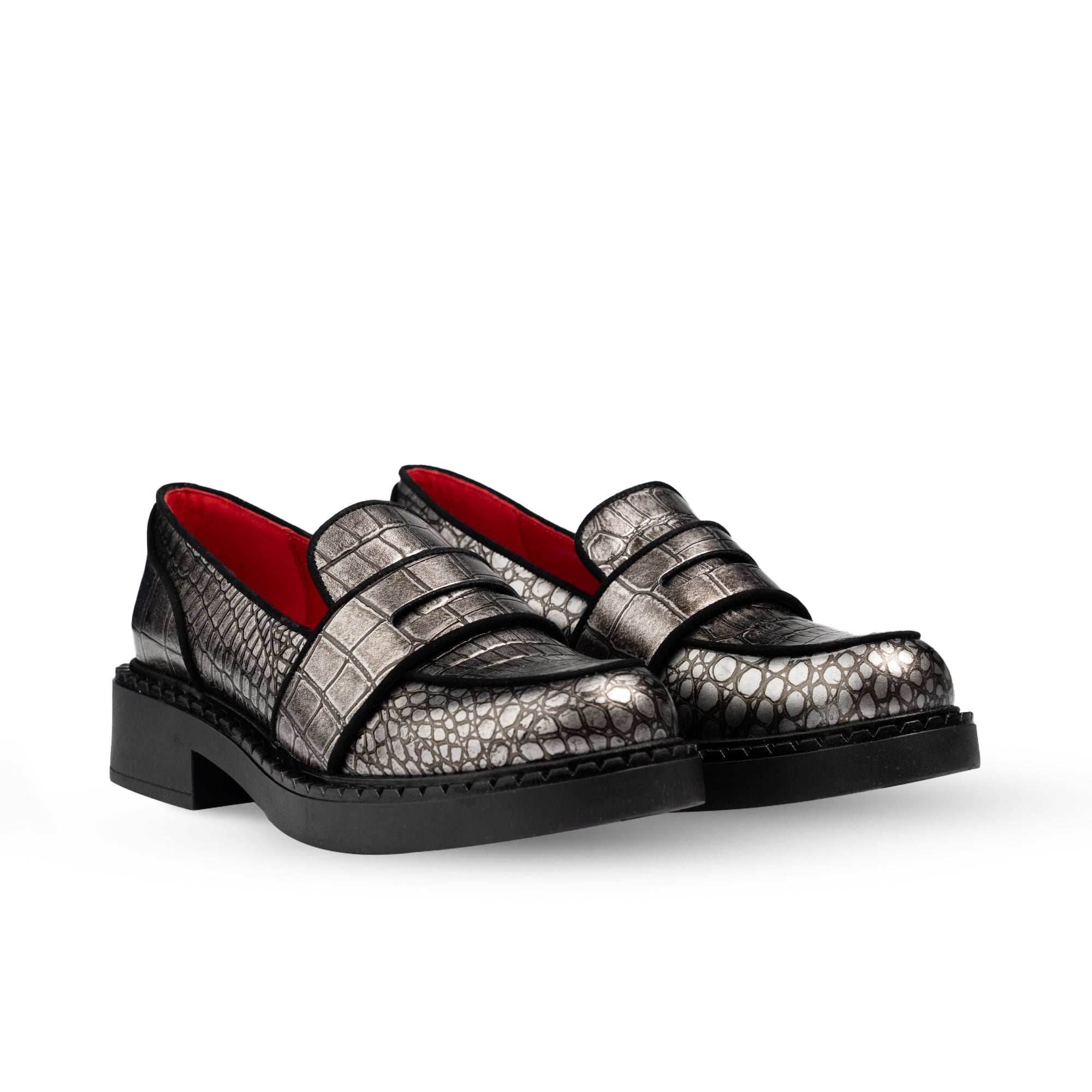 Stratford Metallic Pewter Crocodile Print Loafers