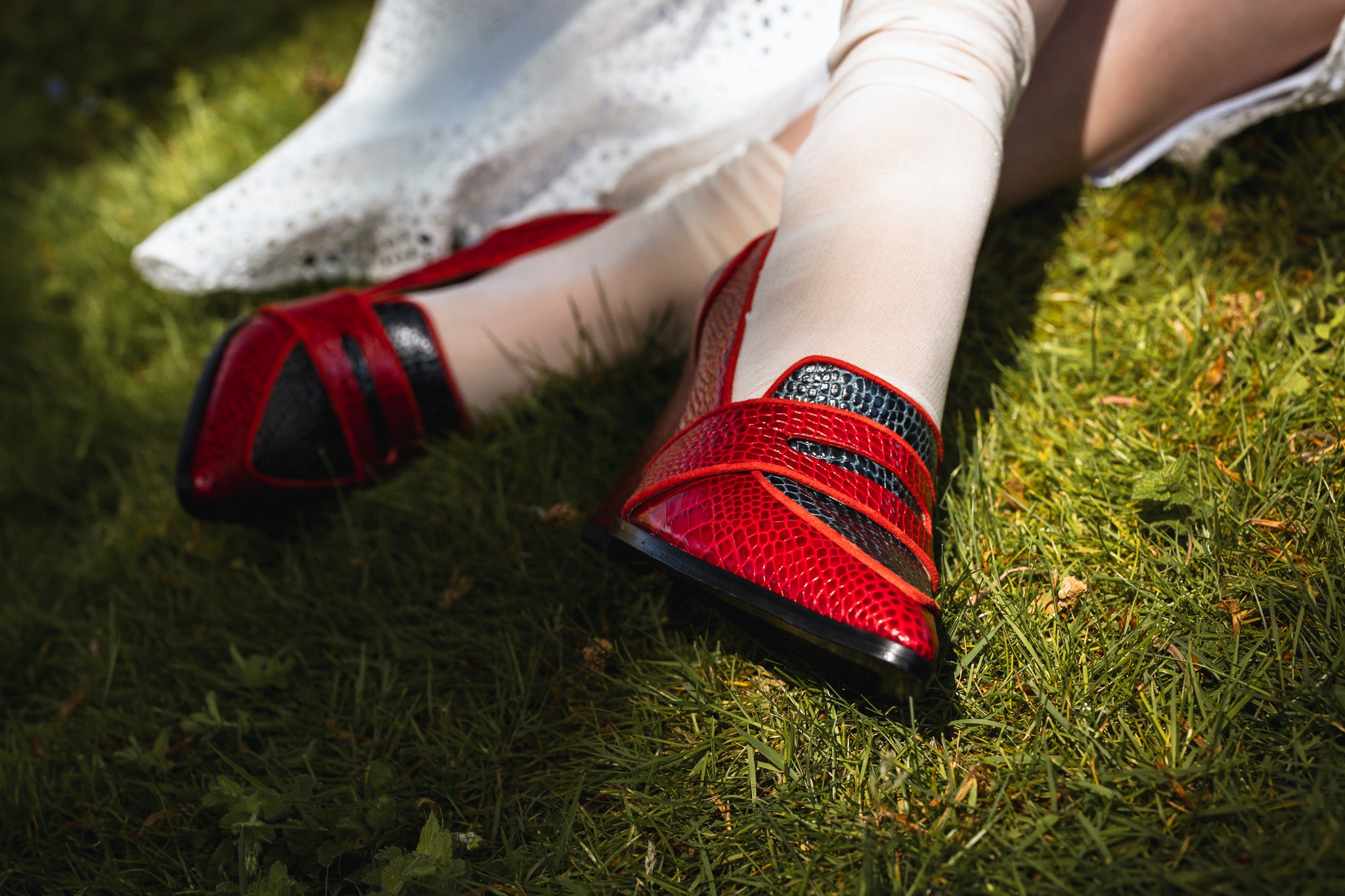 Annabel Red & Navy Blue Crocodile Loafers