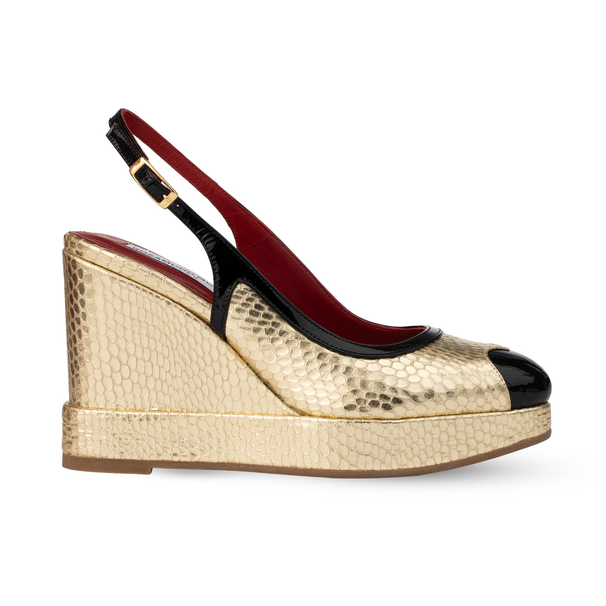 Lavinia Gold Cobra Print & Black Patent Wedges