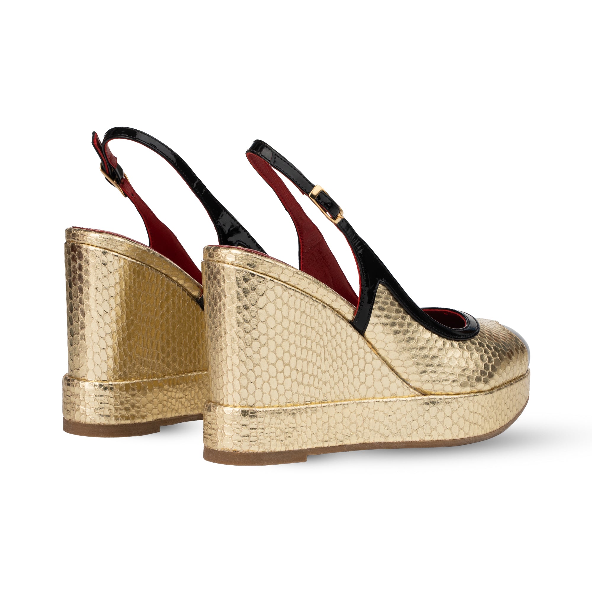 Lavinia Gold Cobra Print & Black Patent Wedges