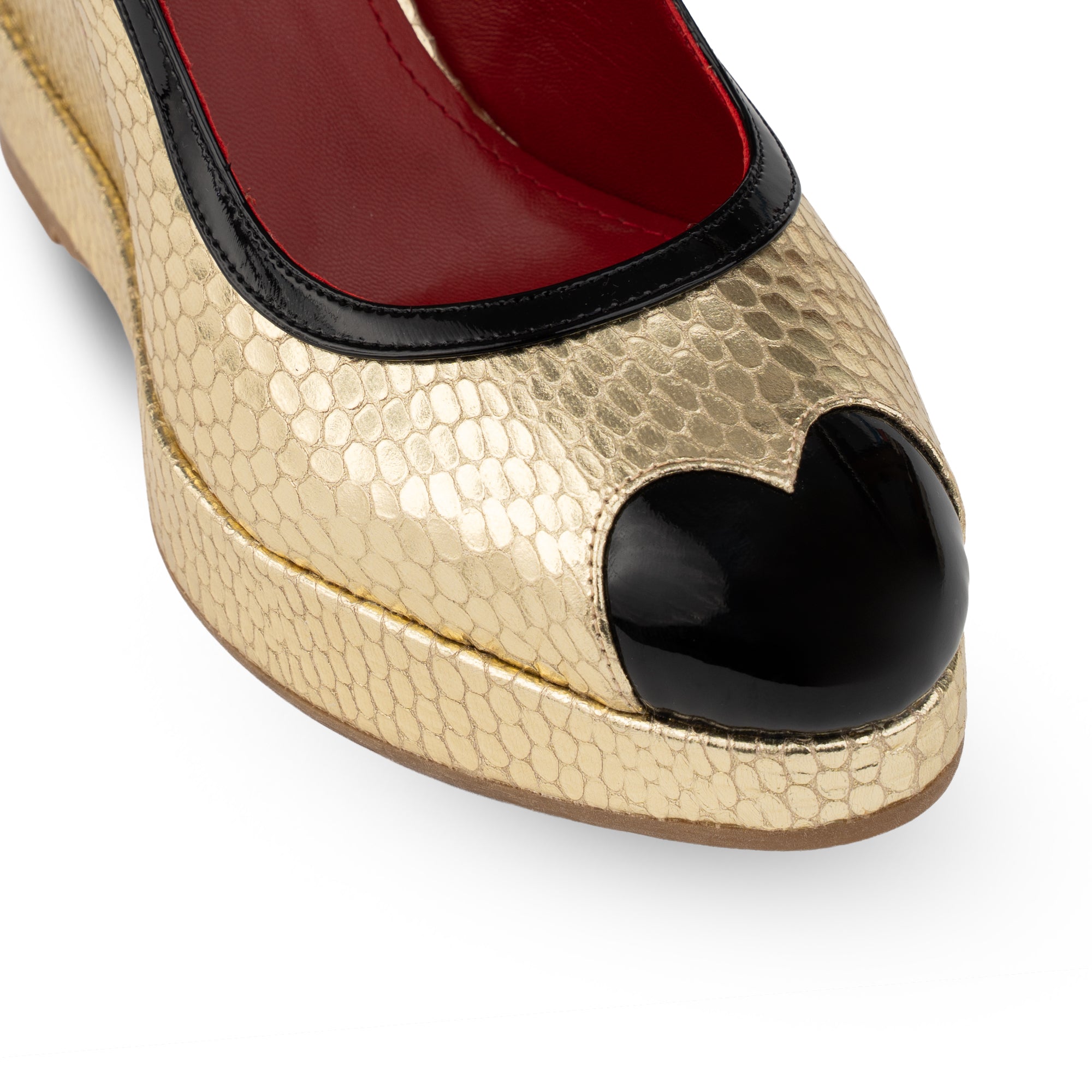 Lavinia Gold Cobra Print & Black Patent Wedges