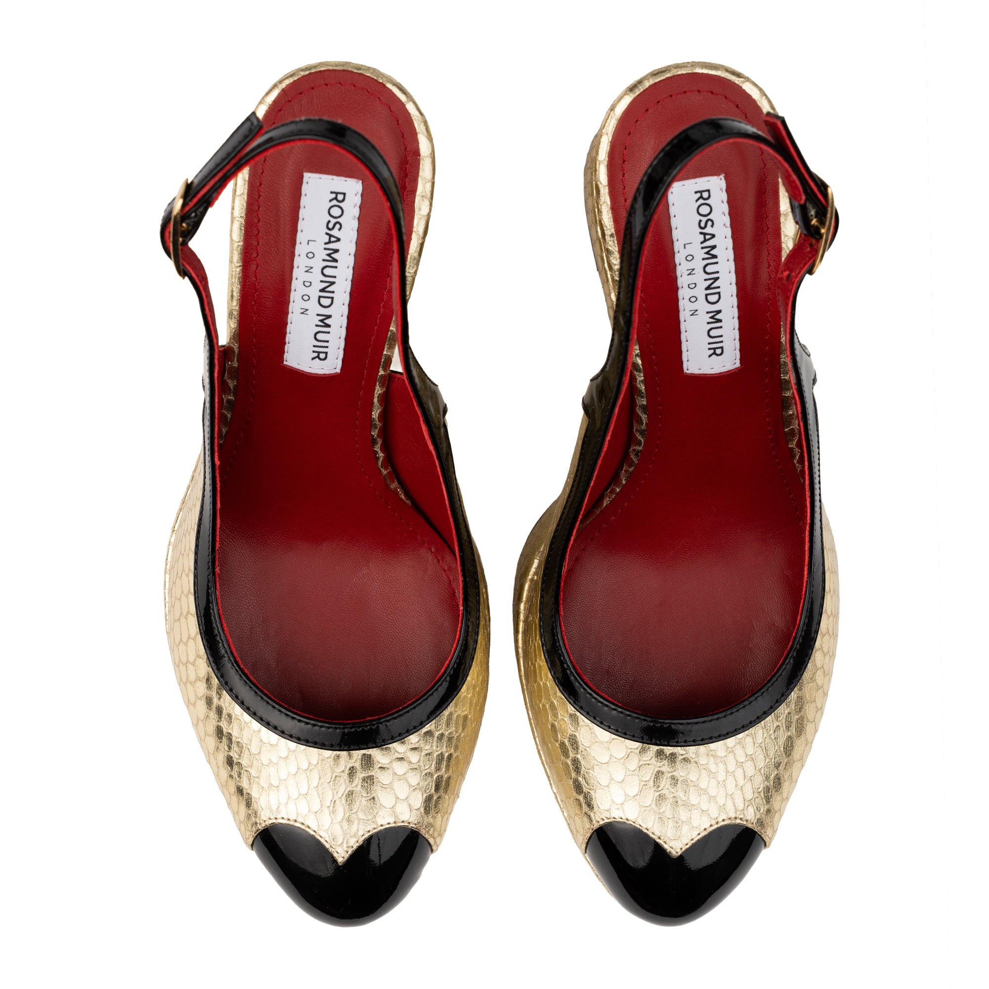 Lavinia Gold Cobra Print & Black Patent Wedges