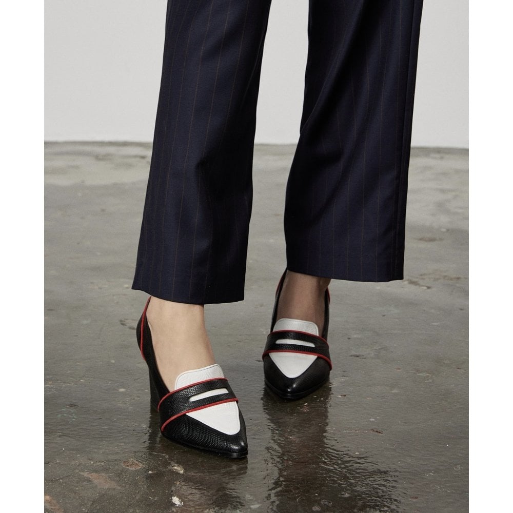 Annabel Black and White Lizard loafers