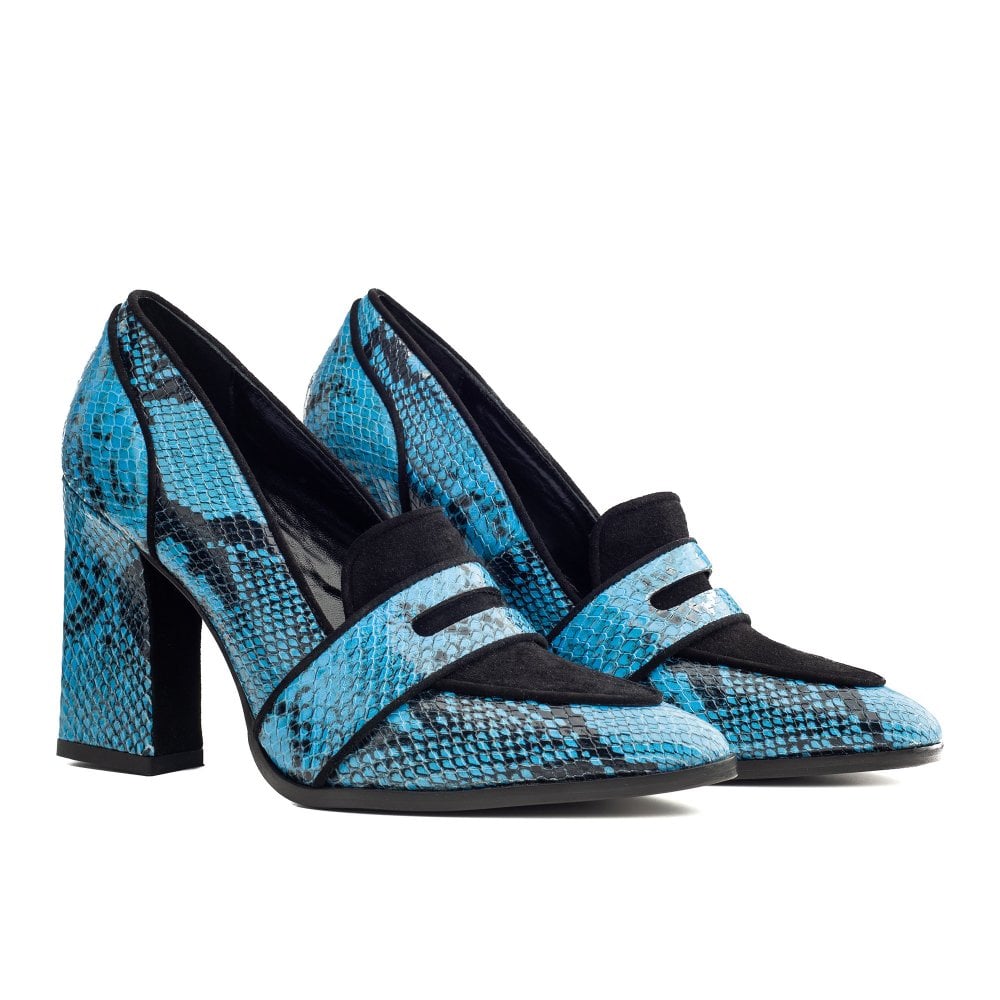 Annabel Blue and Black Snakeprint loafers