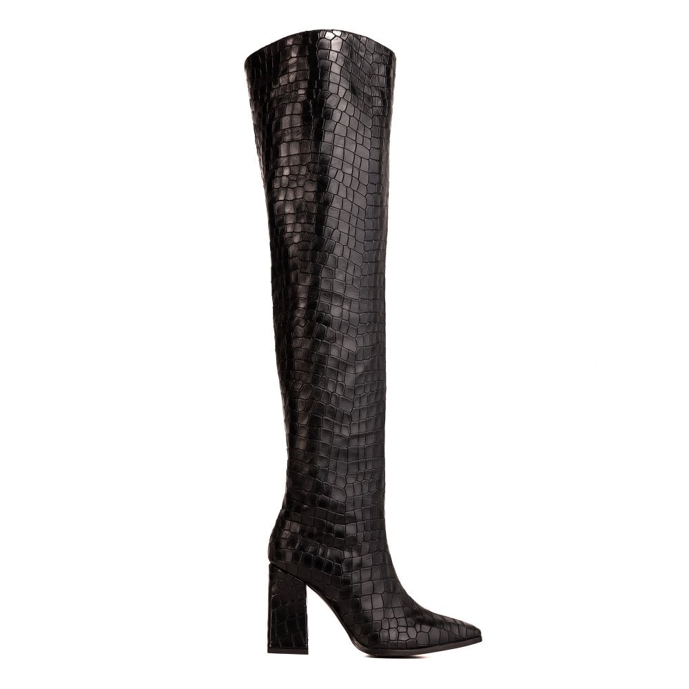 Roma Black Crocodile Over Knee Boots