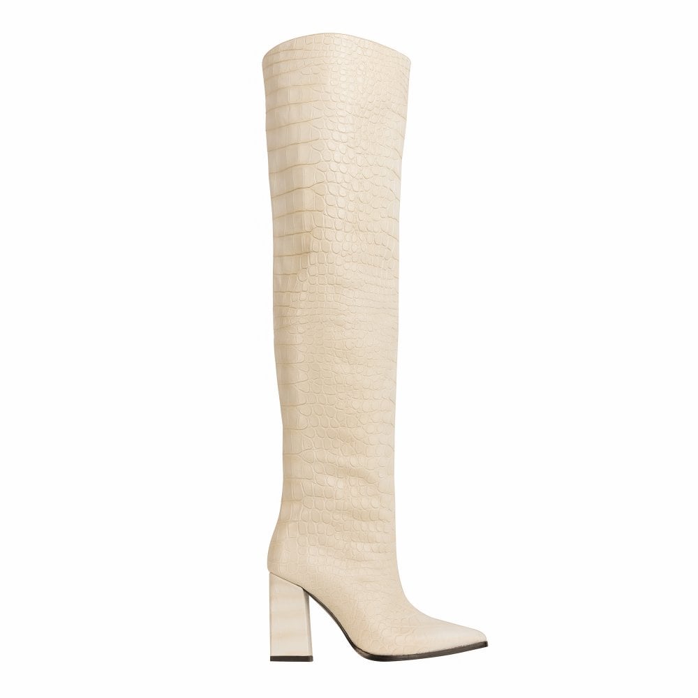 Roma Cream Crocodile Over Knee Boots