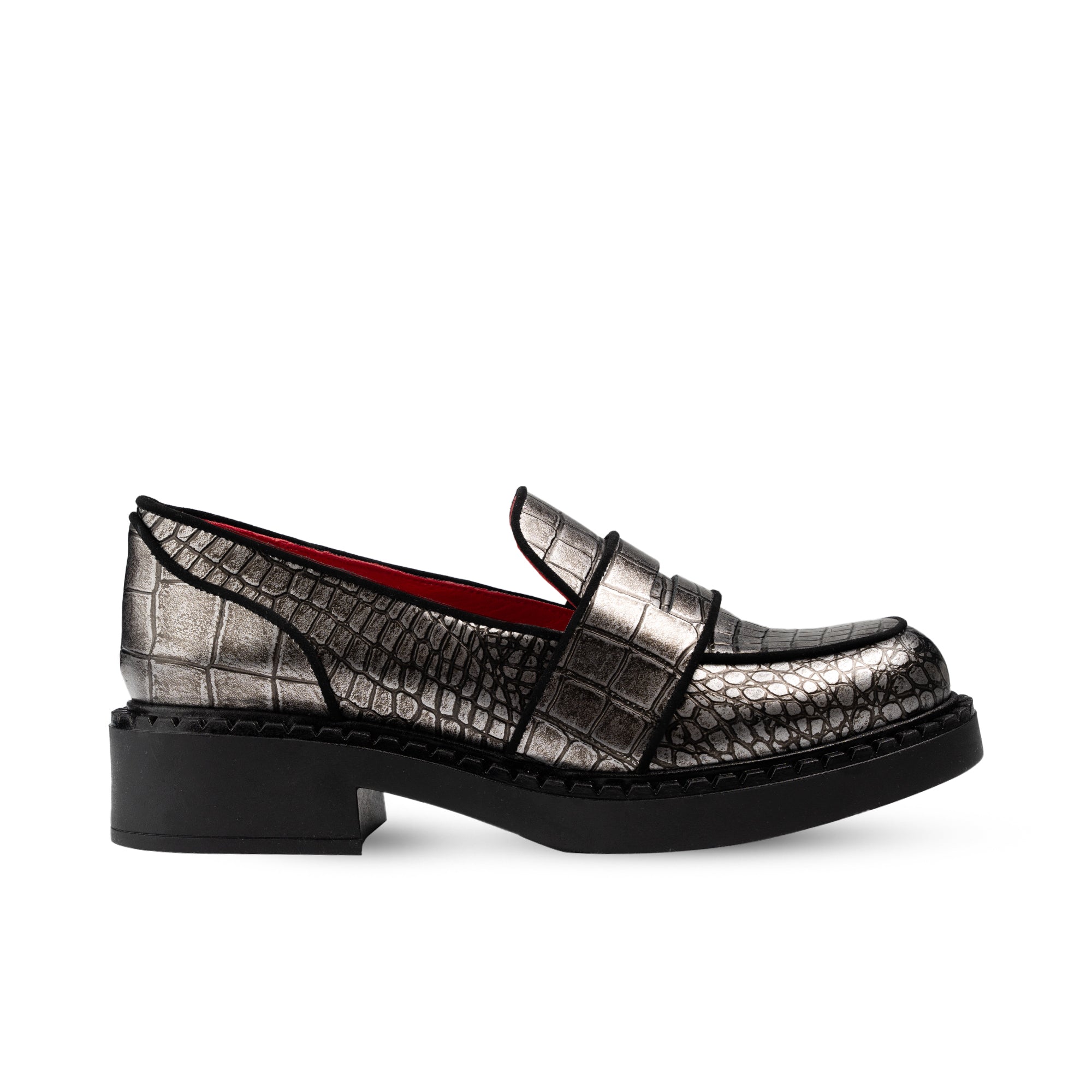 Stratford Metallic Pewter Crocodile Print Loafers