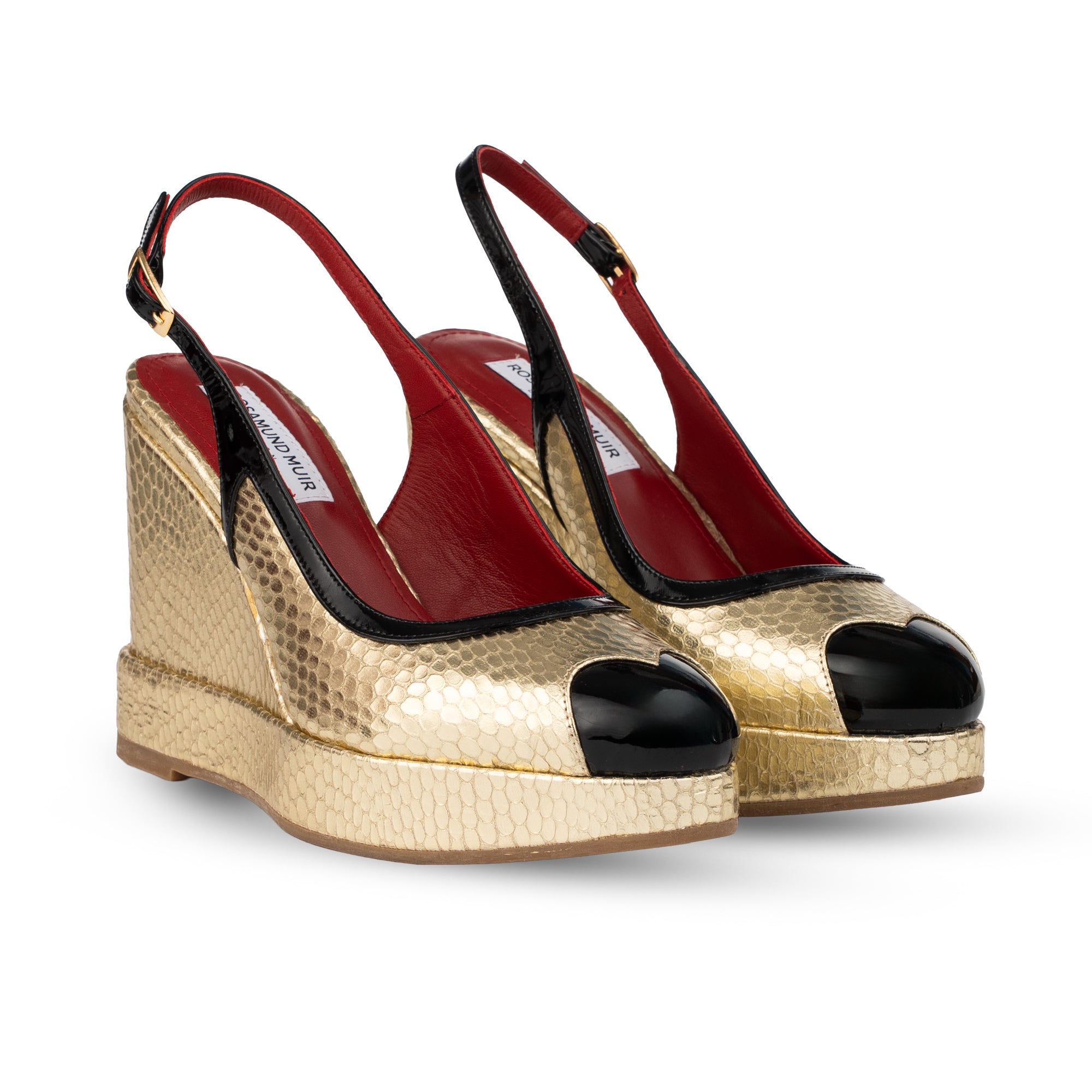 Lavinia Gold Cobra Print & Black Patent Wedges