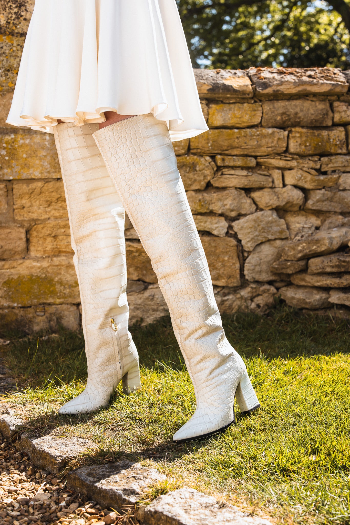 Roma Cream Crocodile Over Knee Boots