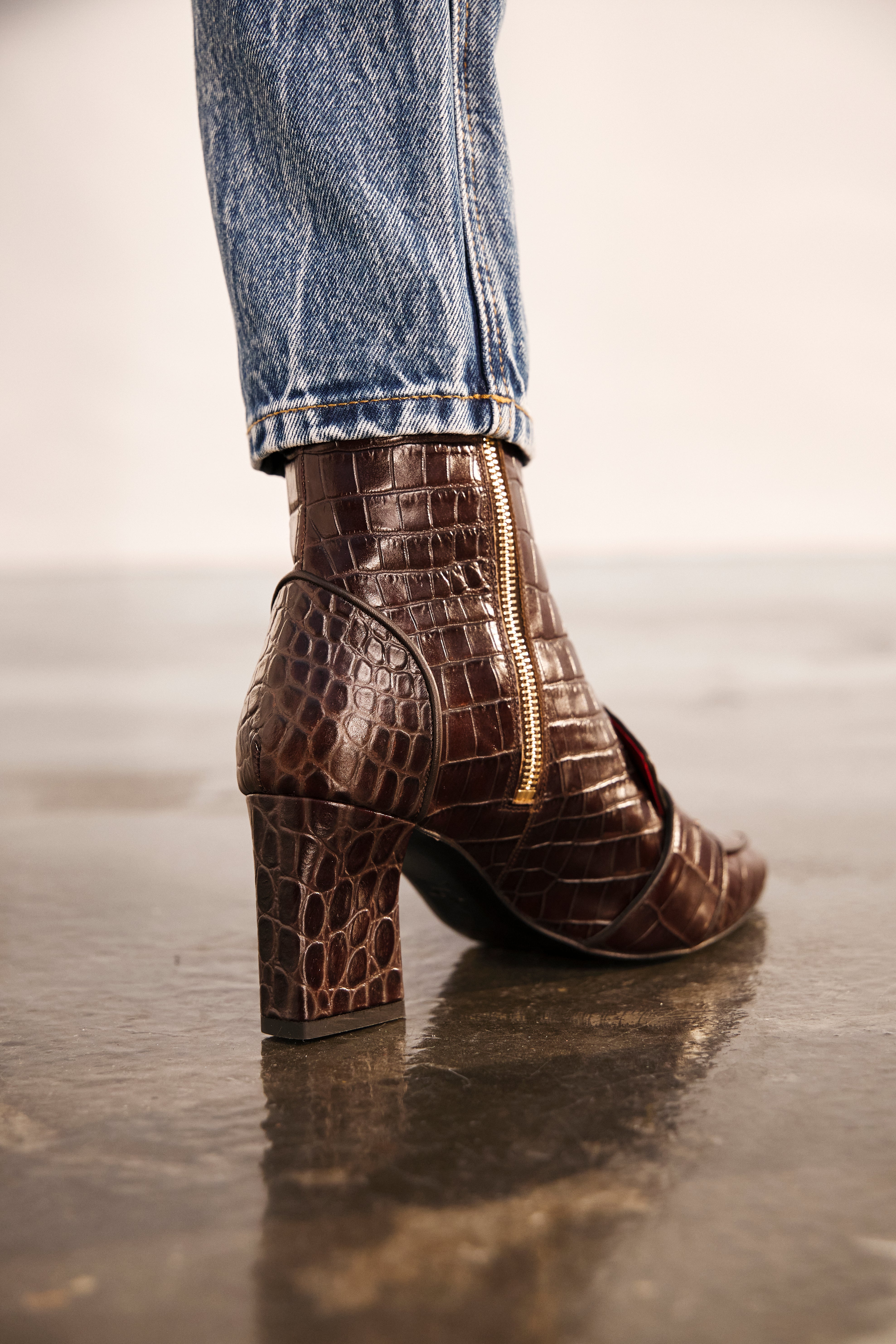 Luciana Brown Crocodile Print Loafer Boots
