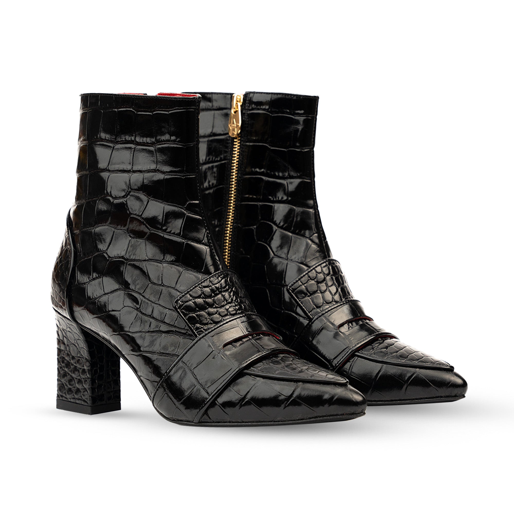 Luciana Black Shiny Crocodile Print Loafer Boots