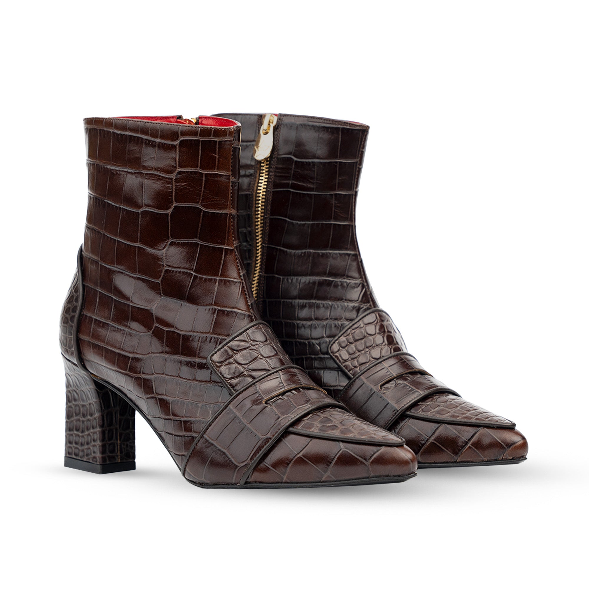 Luciana Brown Crocodile Print Loafer Boots