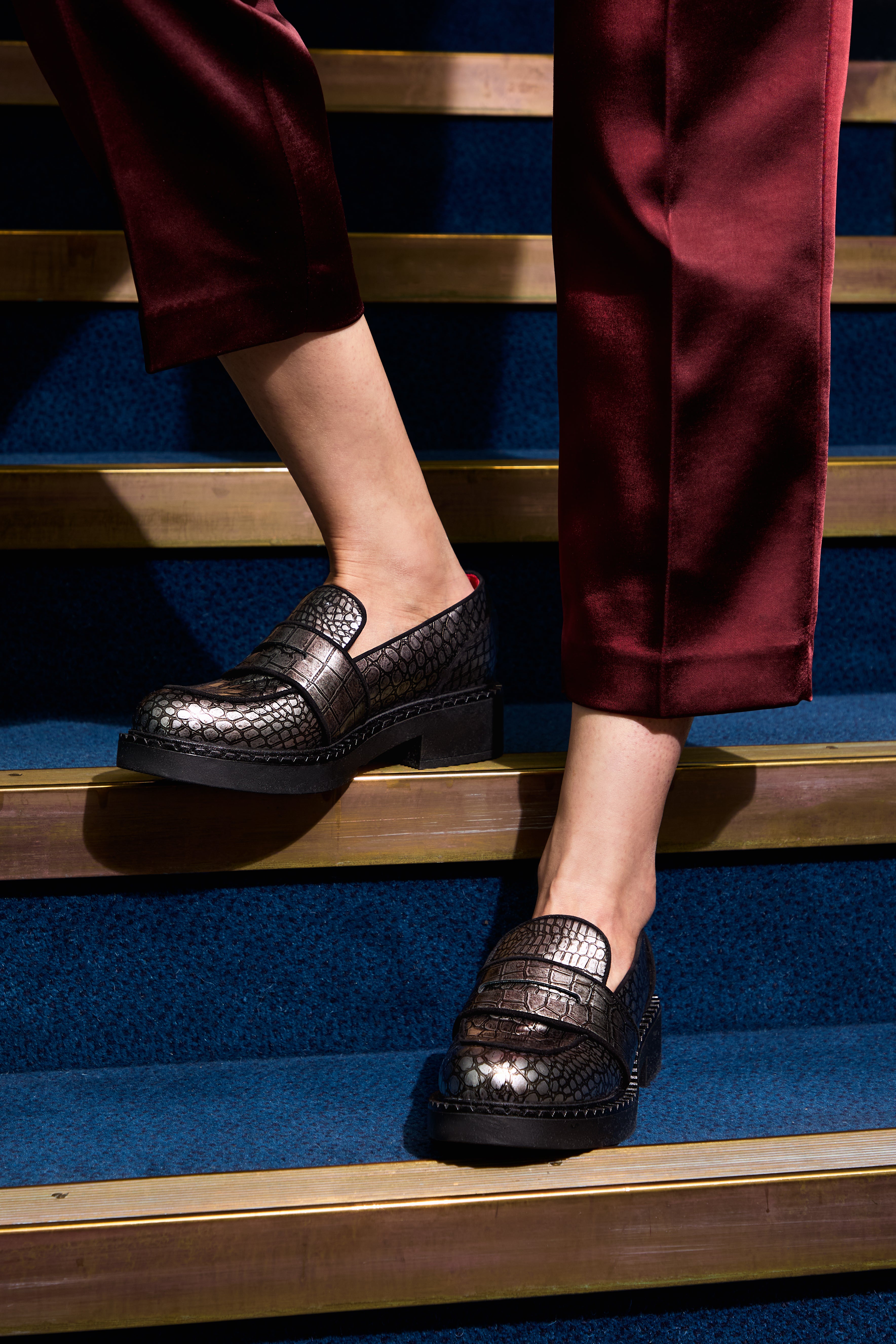 Stratford Metallic Pewter Crocodile Print Loafers