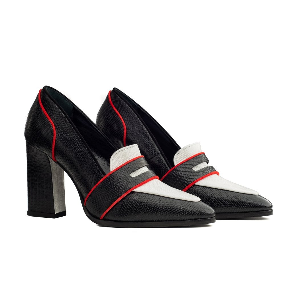 Annabel Black and White Lizard loafers