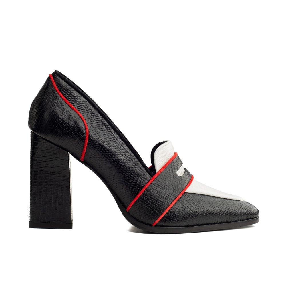Annabel Black and White Lizard loafers