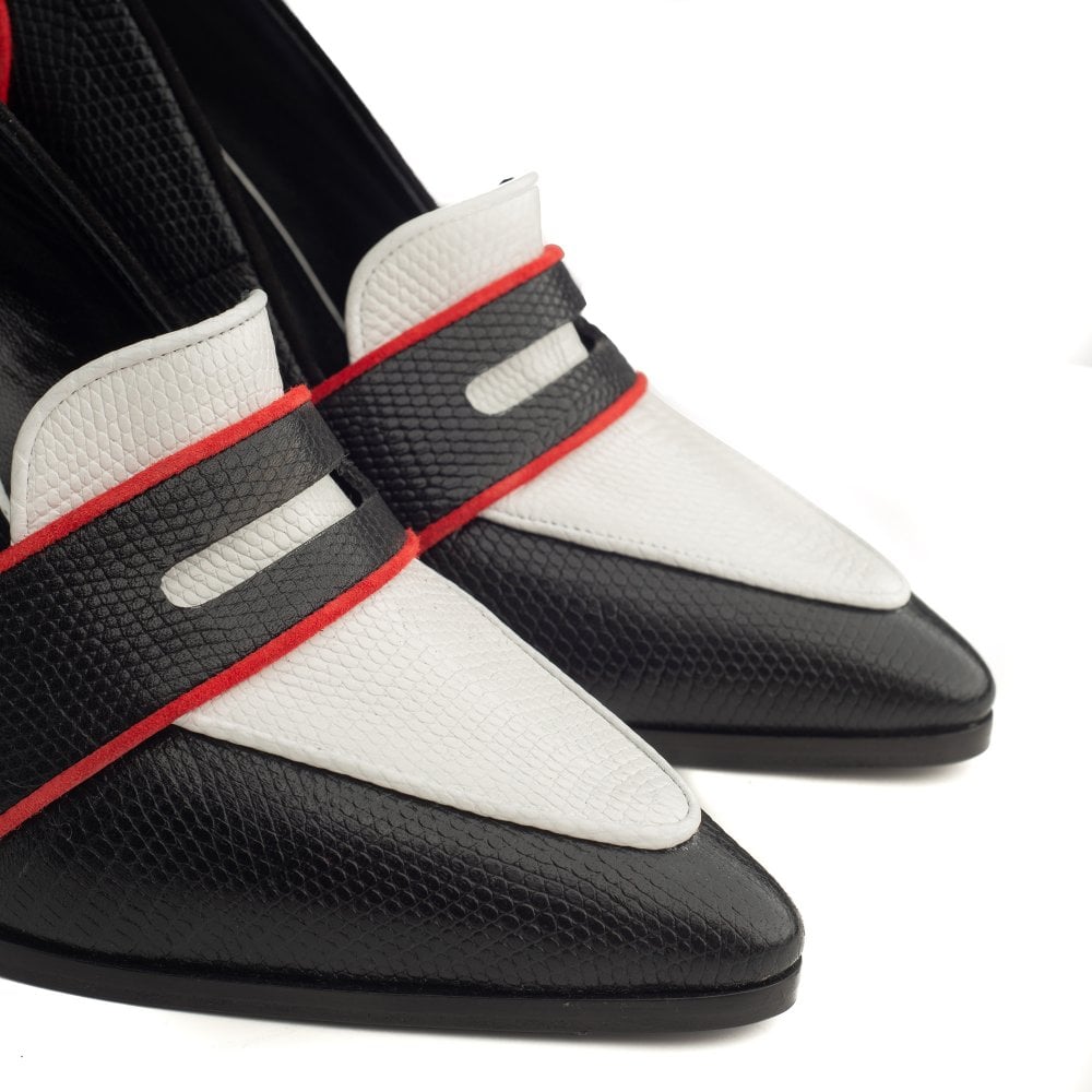 Annabel Black and White Lizard loafers