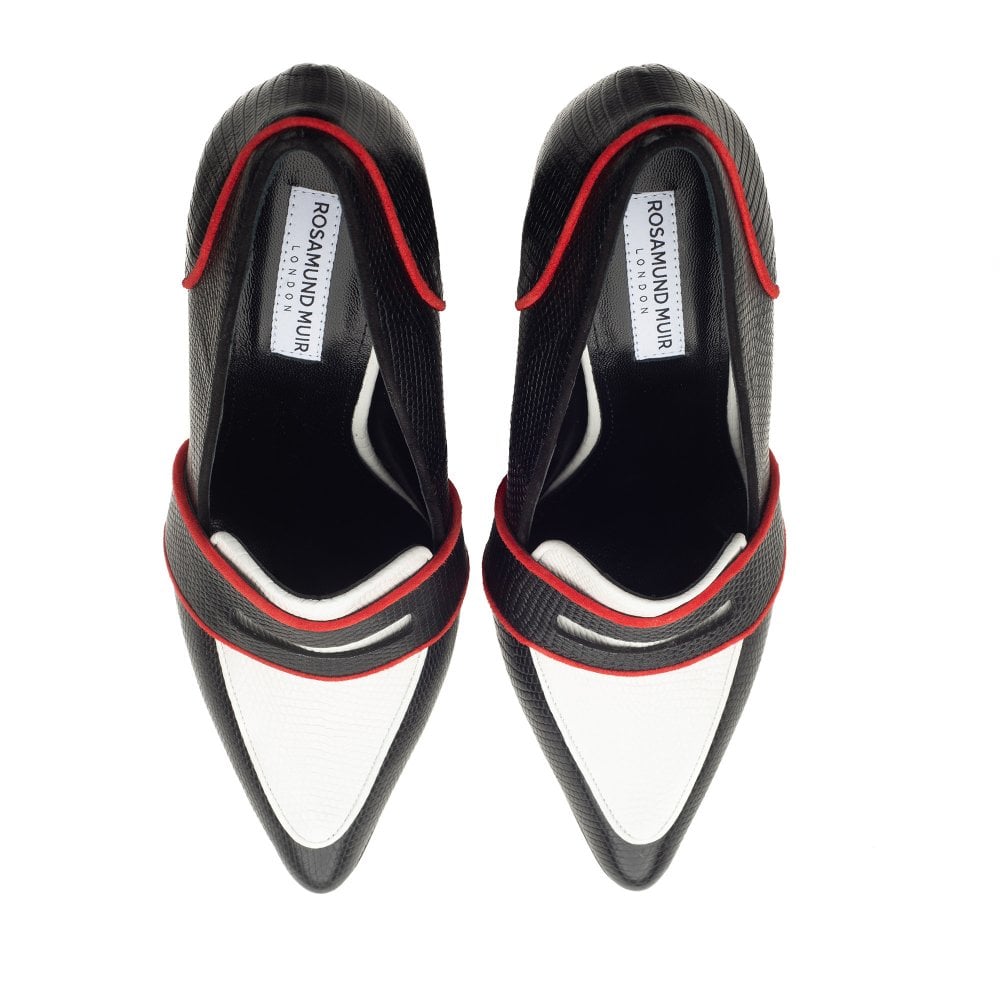 Annabel Black and White Lizard loafers