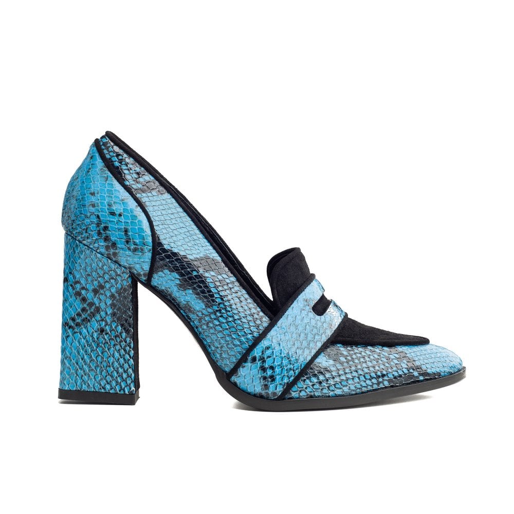 Annabel Blue and Black Snakeprint loafers