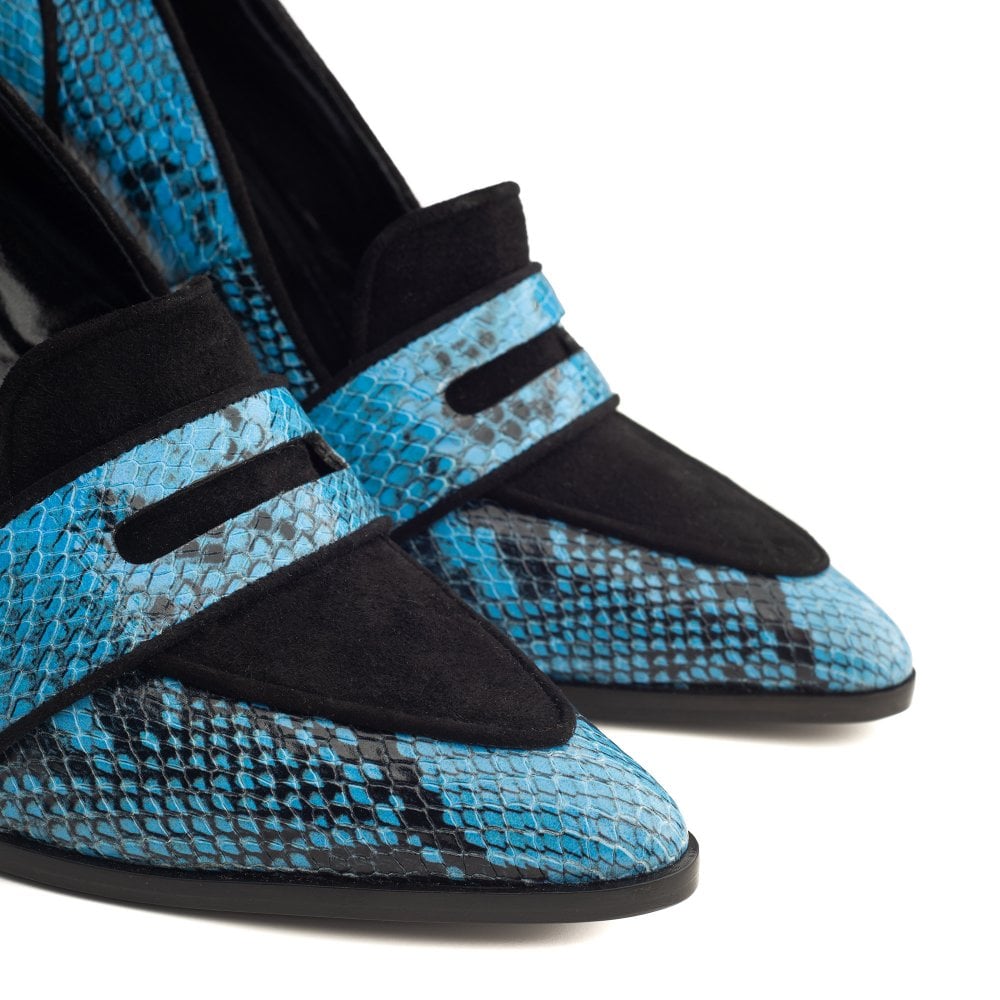 Annabel Blue and Black Snakeprint loafers