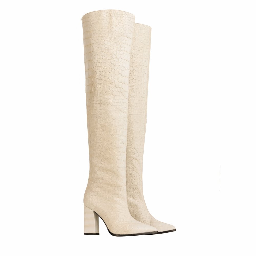 Roma Cream Crocodile Over Knee Boots
